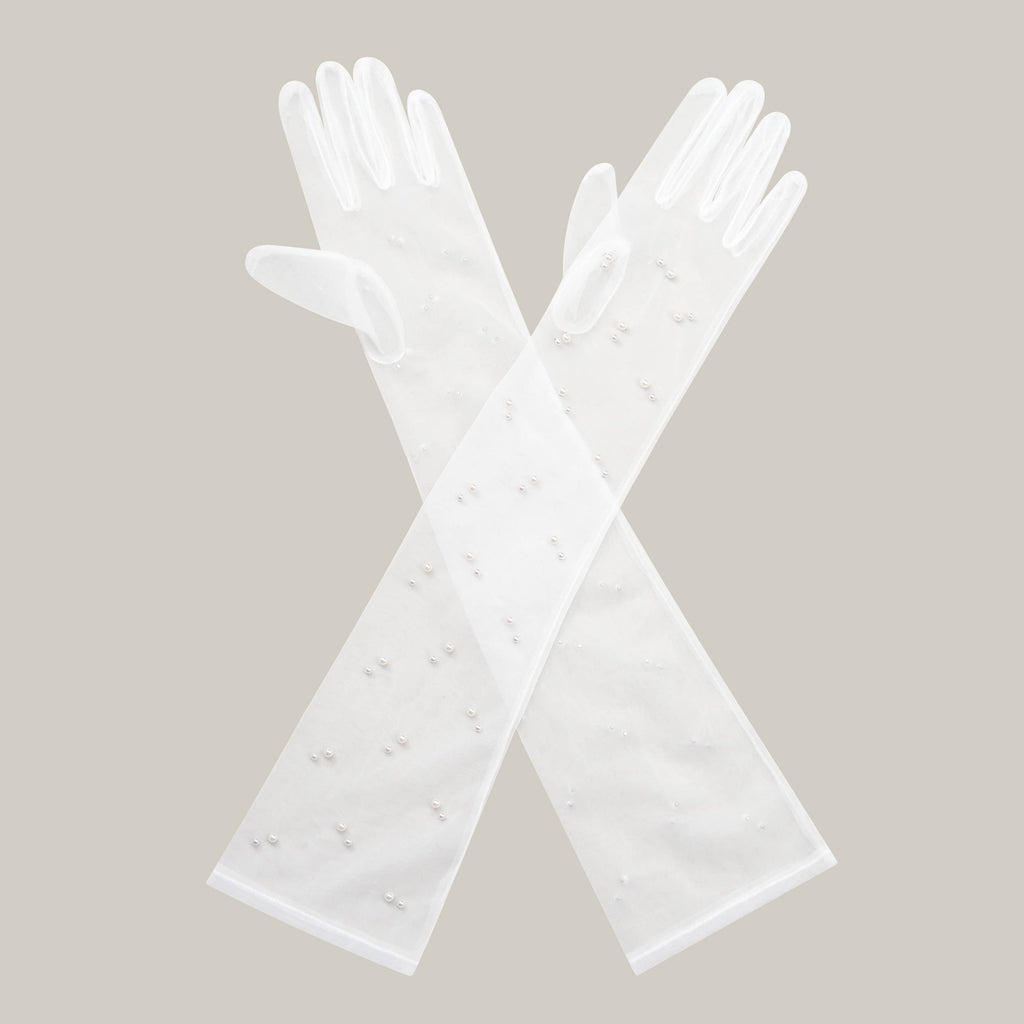 Long Tulle Nylon Wedding Gloves with High Quality Pearls