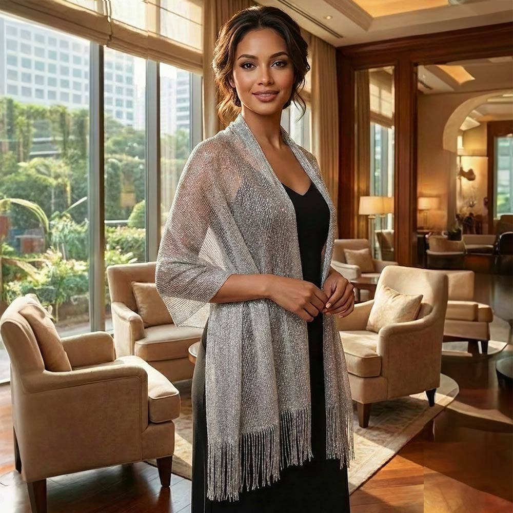 Shimmering Fringe Evening Shawl Scarf: Black,Gold