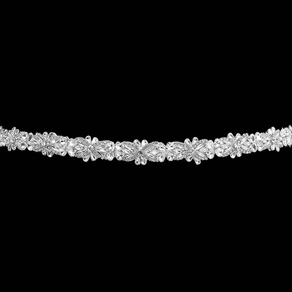 Floral Crystal Link Sash Ribbon Bridal Wedding Belt Headband: Silver