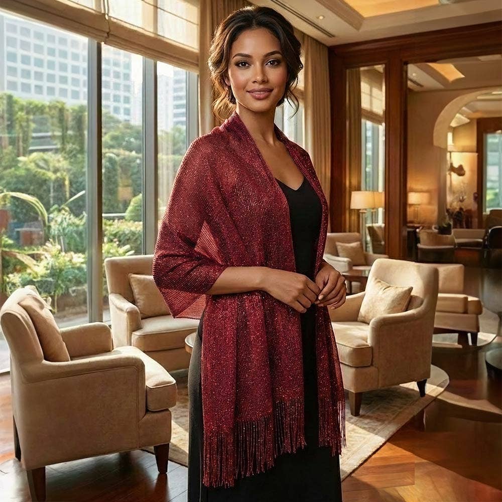 Shimmering Fringe Evening Shawl Scarf: Black,Silver