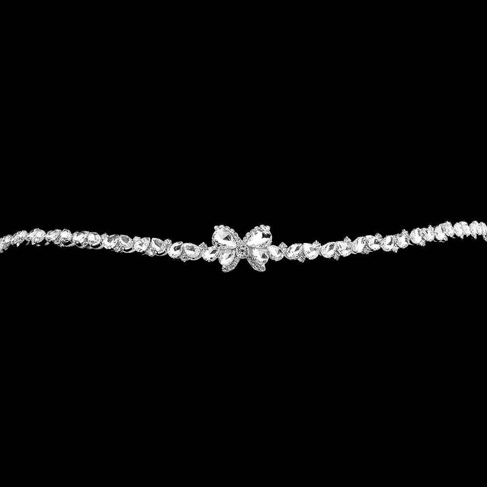 Butterfly Accent Teardrop Stone Cluster Sash Ribbon Bridal Wedding Belt Headband: Clear,Silver