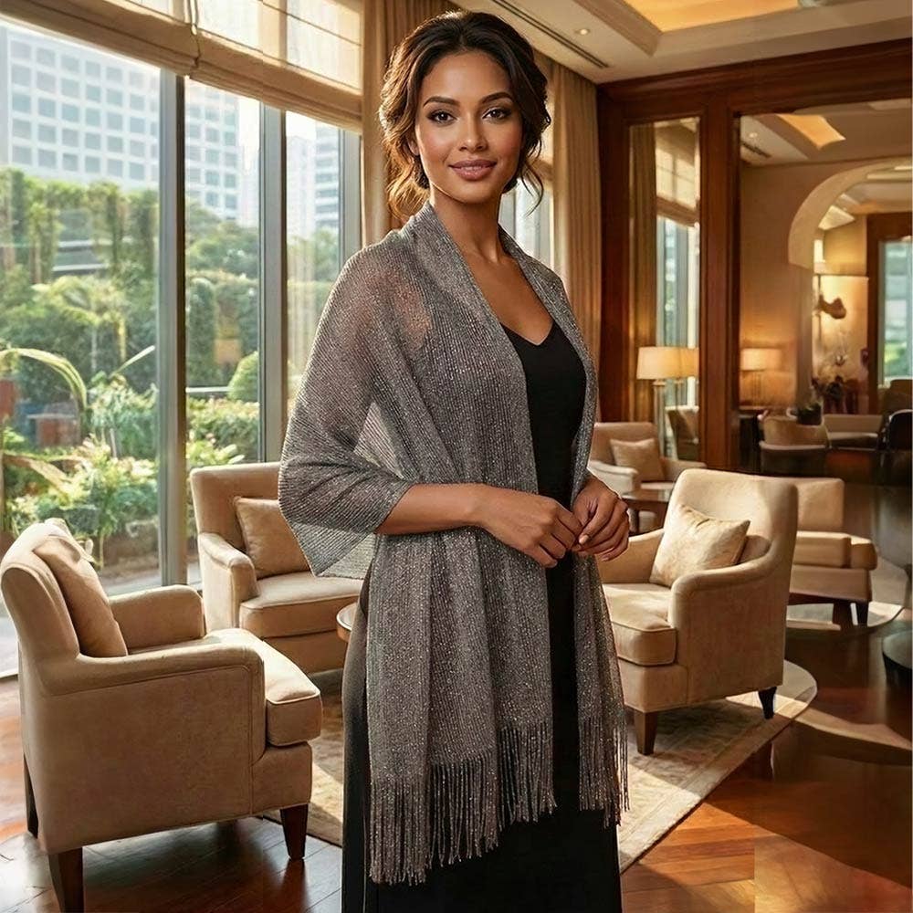 Shimmering Fringe Evening Shawl Scarf: Black,Gold