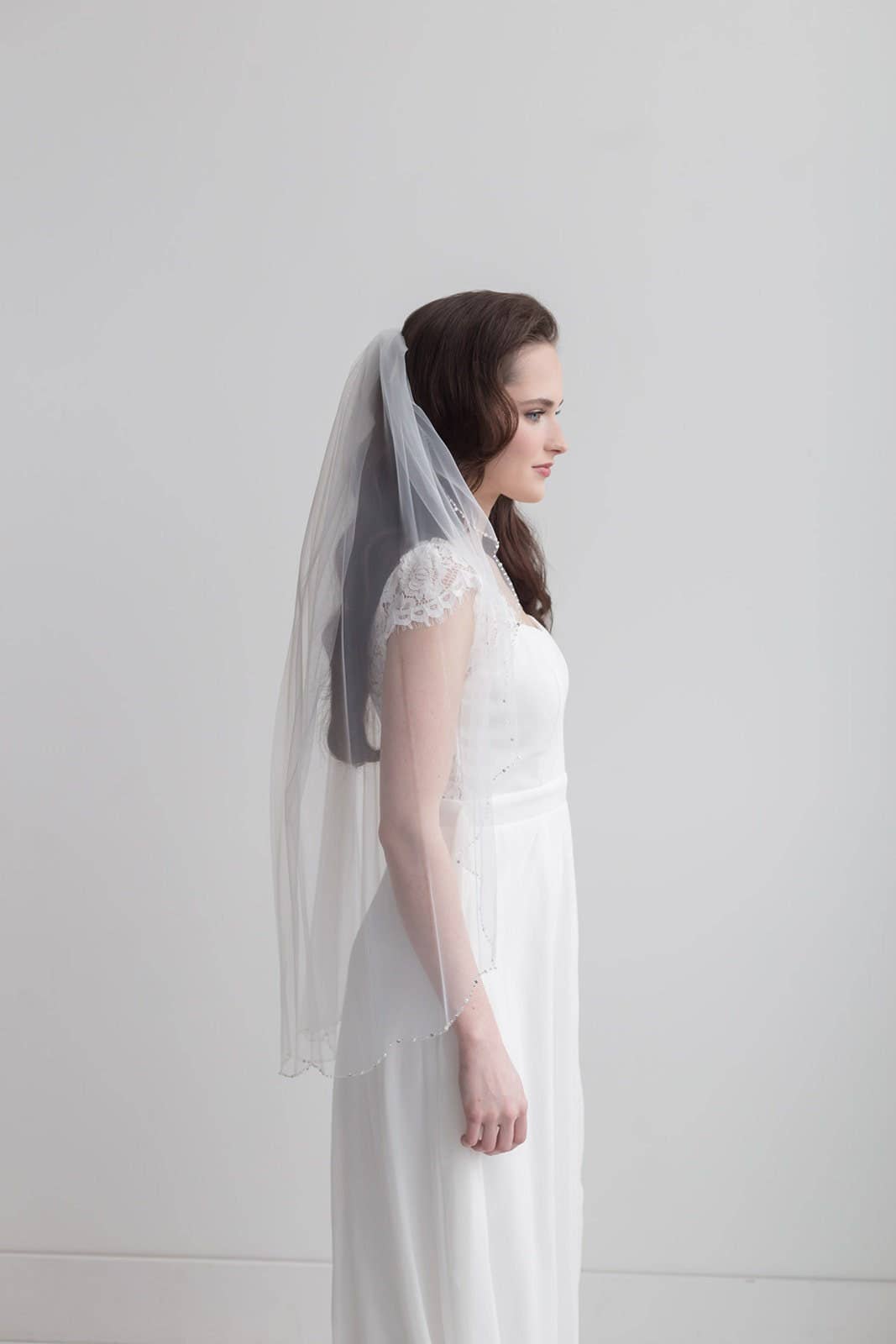 Scalloped Beaded Wedding Veil: Ivory / Knee 45"