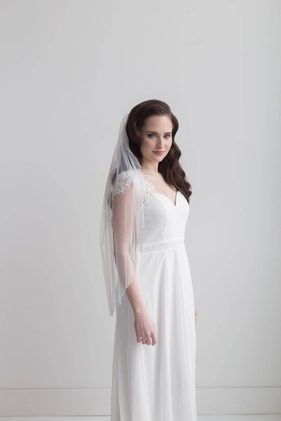 Scalloped Beaded Wedding Veil: Ivory / Knee 45"