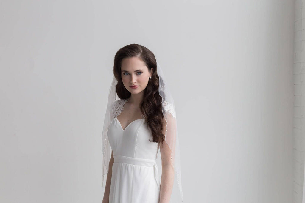 Scalloped Beaded Wedding Veil: Ivory / Knee 45"