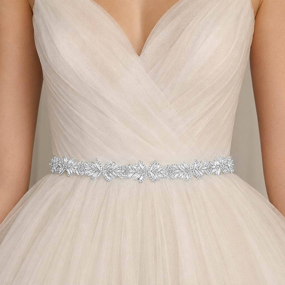 Marquise Stone Cluster Sash Ribbon Bridal Wedding Belt Headband: Clear,Silver