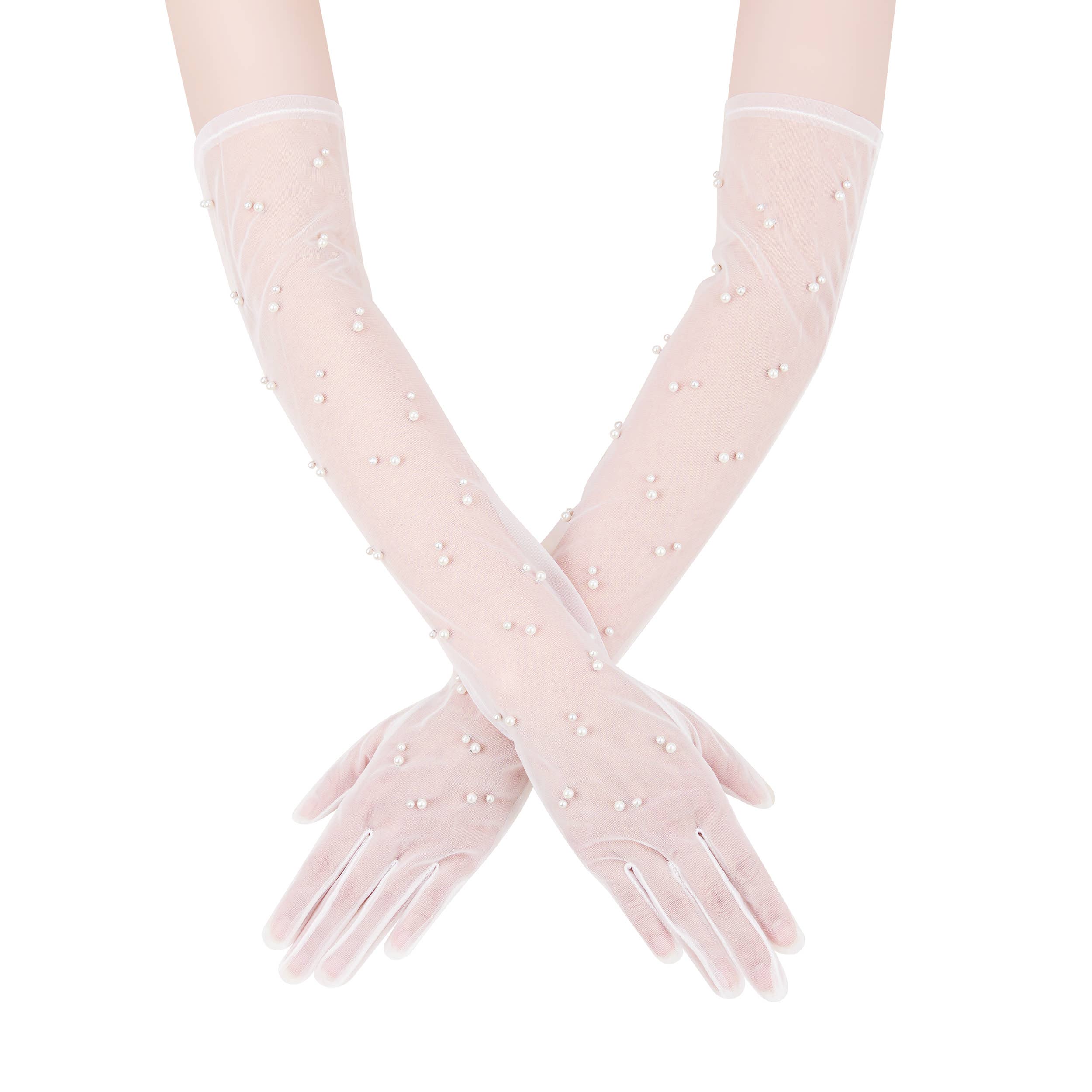 Long Tulle Nylon Wedding Gloves with High Quality Pearls