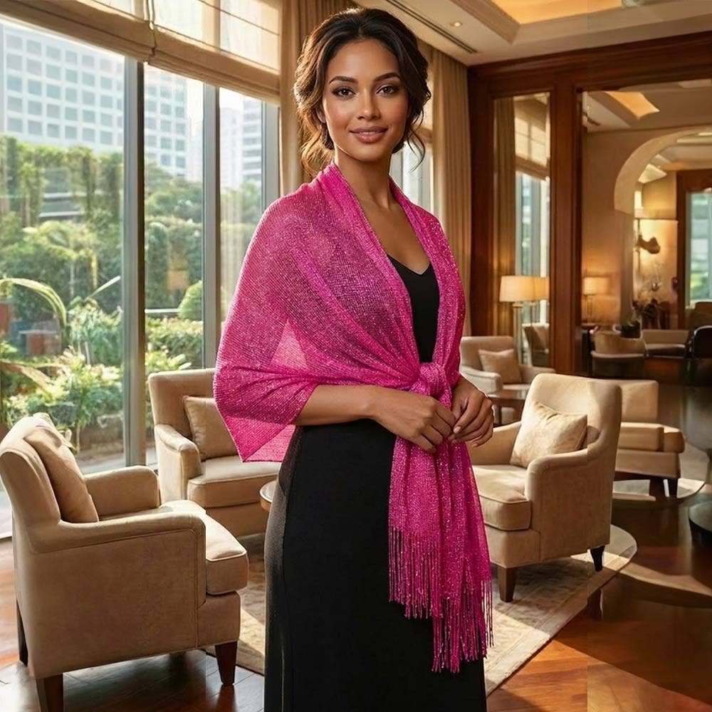 Shimmering Fringe Evening Shawl Scarf: White