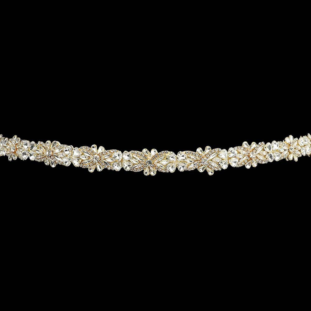 Floral Crystal Link Sash Ribbon Bridal Wedding Belt Headband: Silver
