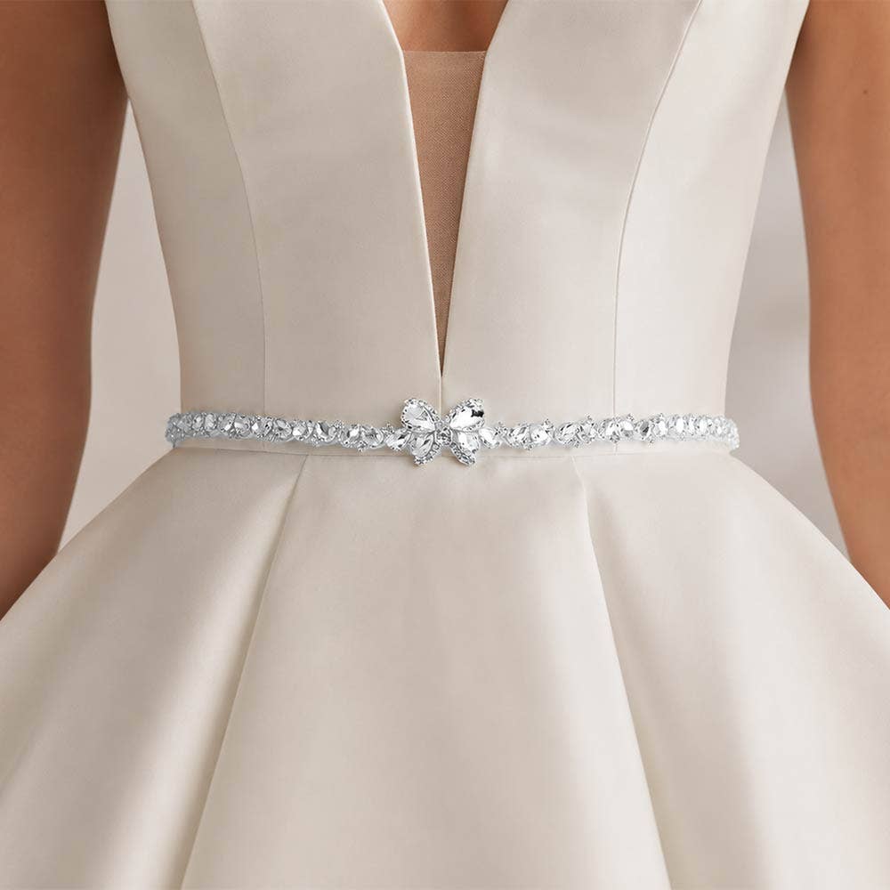 Butterfly Accent Teardrop Stone Cluster Sash Ribbon Bridal Wedding Belt Headband: Clear,Silver