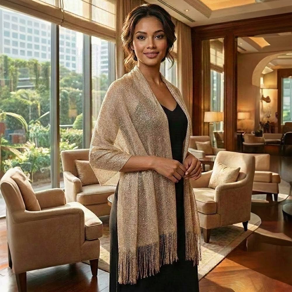 Shimmering Fringe Evening Shawl Scarf: Black,Gold