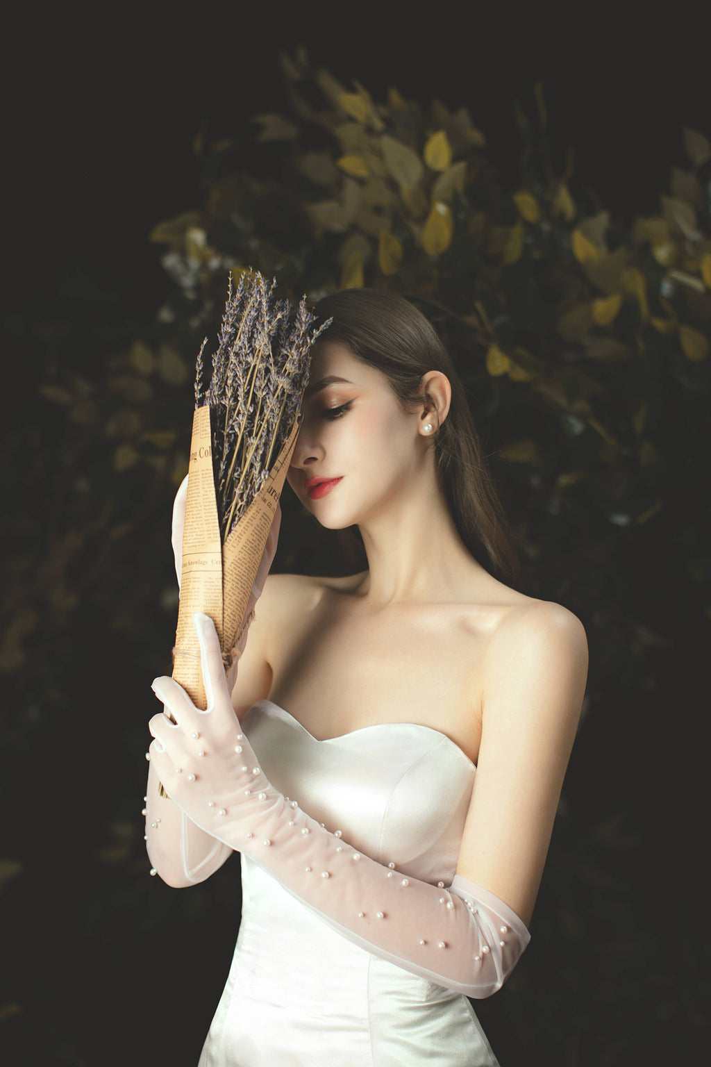 Long Tulle Nylon Wedding Gloves with High Quality Pearls