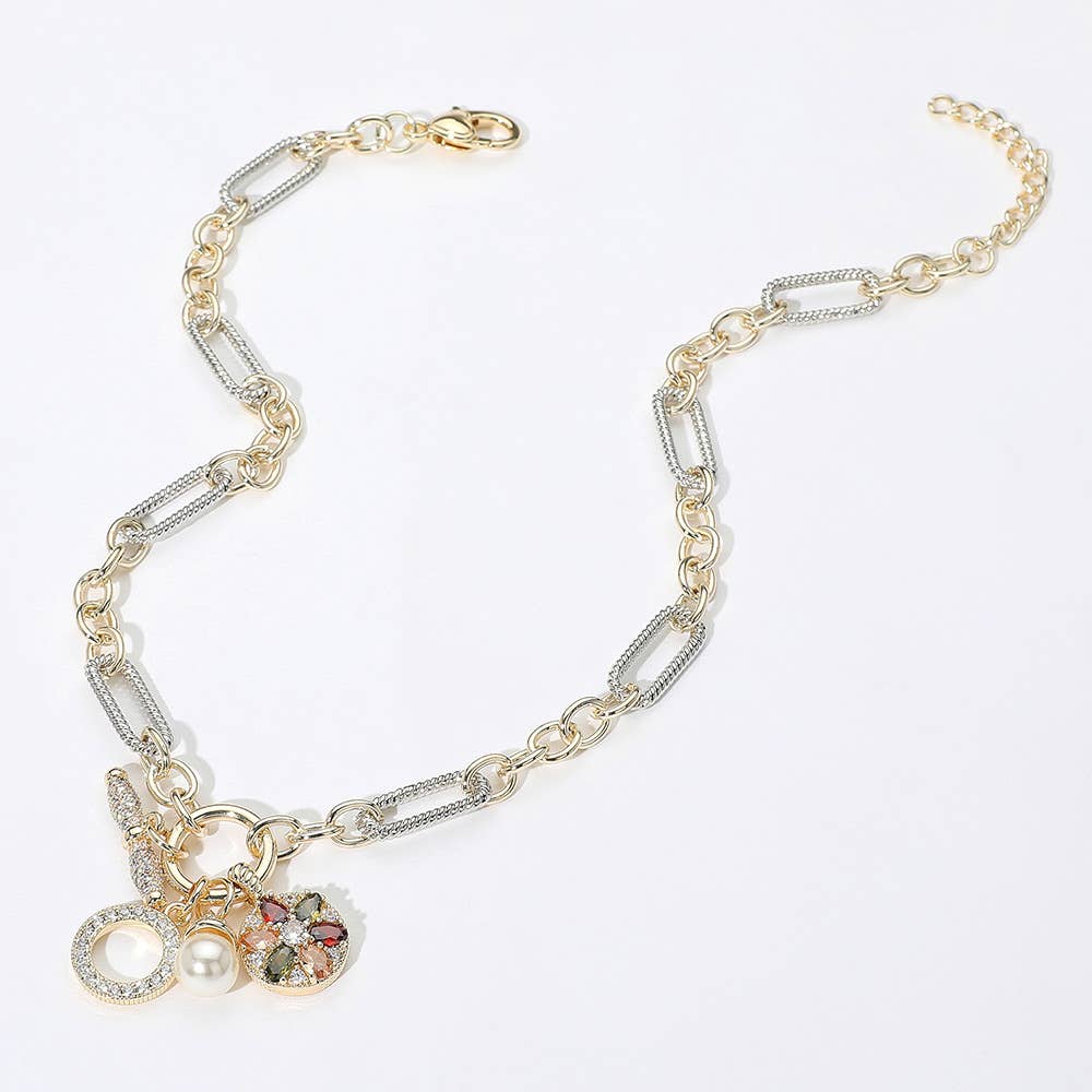 14K Gold Plated Two Tone CZ Stone Paved Pearl Multi Colored Marquise Stone Embellished Disc Charm Pendant Necklace