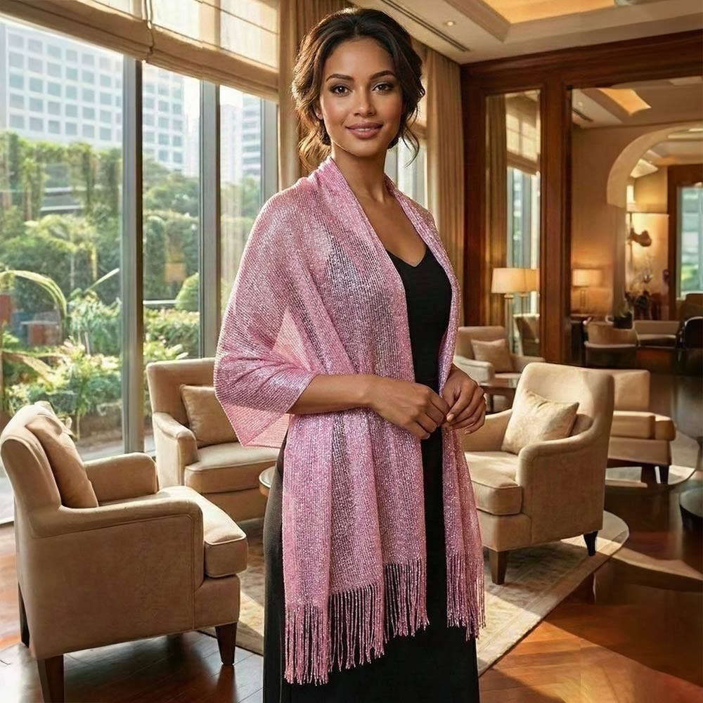 Shimmering Fringe Evening Shawl Scarf: Black,Silver