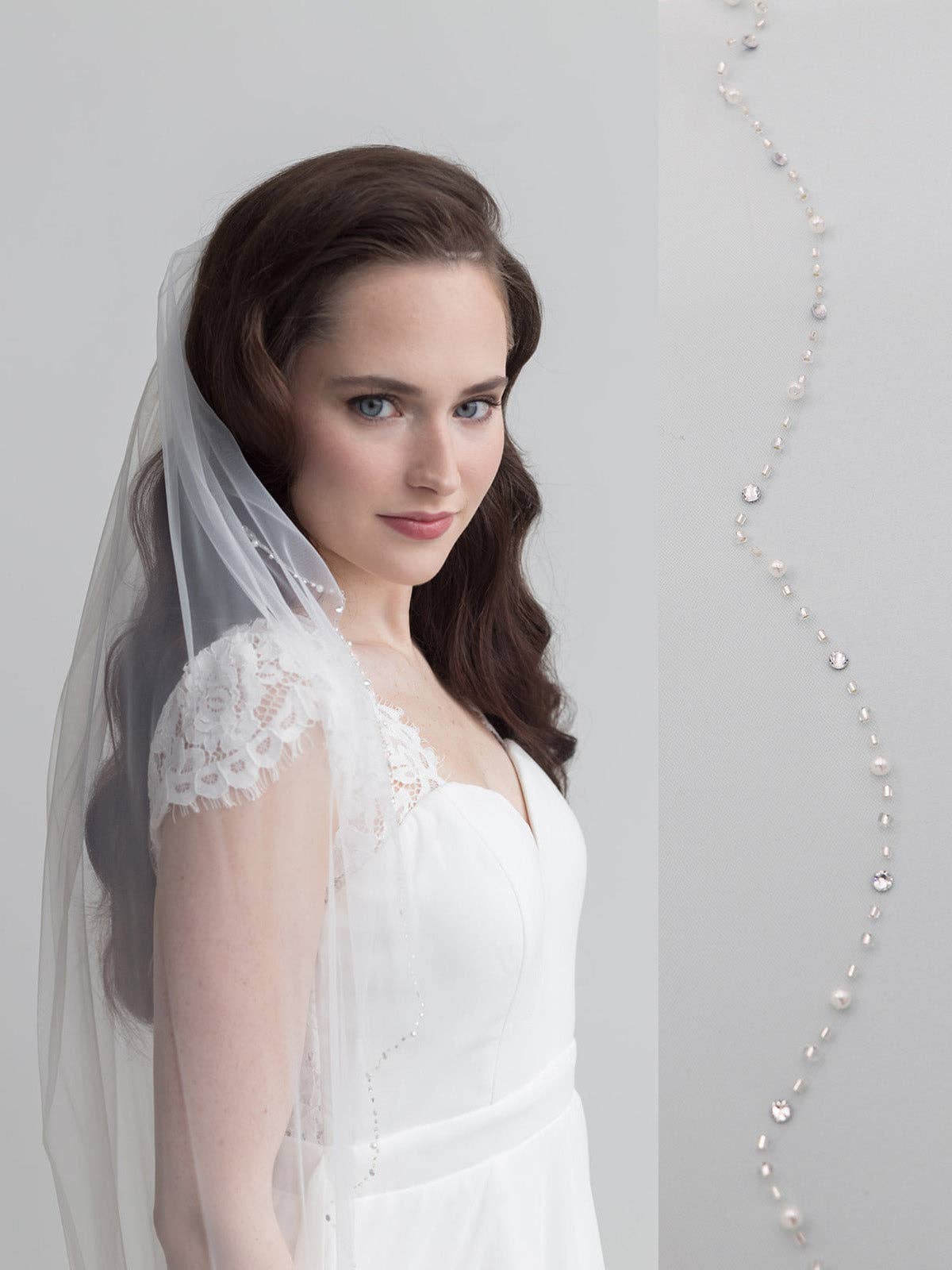 Scalloped Beaded Wedding Veil: Ivory / Knee 45"