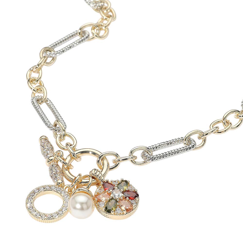 14K Gold Plated Two Tone CZ Stone Paved Pearl Multi Colored Marquise Stone Embellished Disc Charm Pendant Necklace