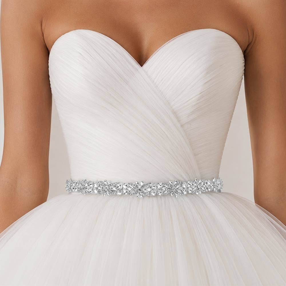Floral Crystal Link Sash Ribbon Bridal Wedding Belt Headband: Silver