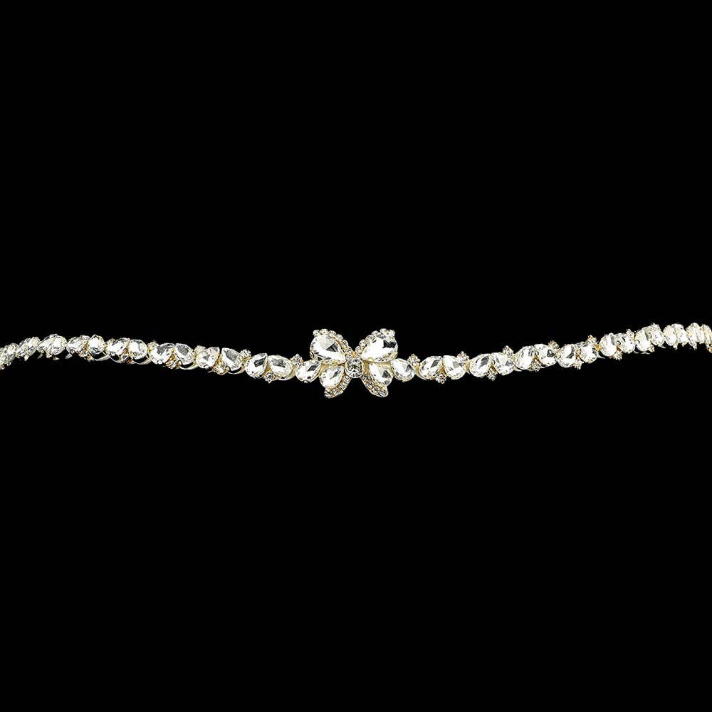 Butterfly Accent Teardrop Stone Cluster Sash Ribbon Bridal Wedding Belt Headband: Clear,Silver