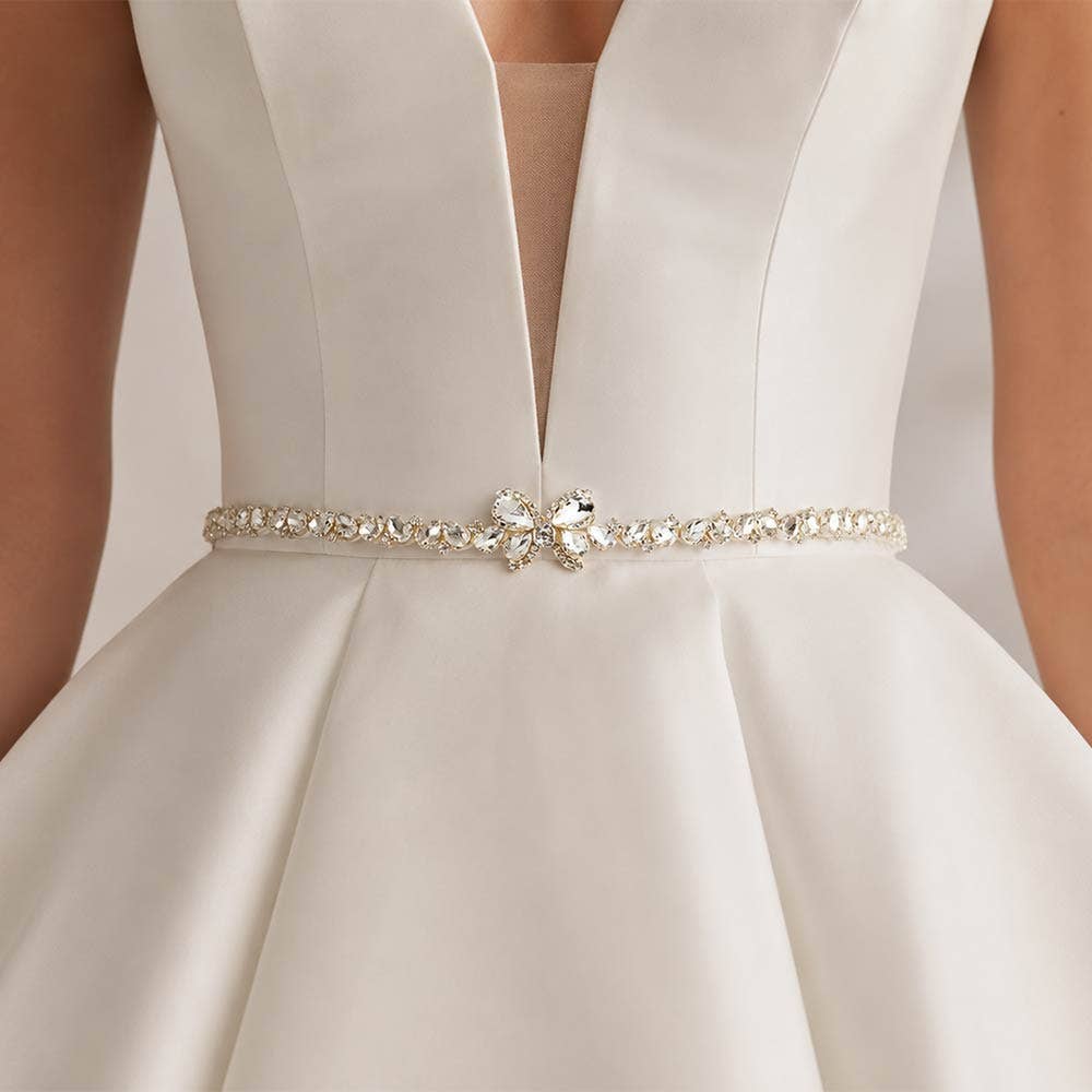 Butterfly Accent Teardrop Stone Cluster Sash Ribbon Bridal Wedding Belt Headband: Clear,Silver