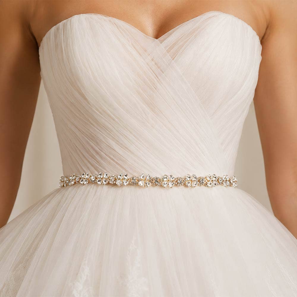 Heart Stone Cluster Clover Sash Ribbon Bridal Wedding Belt Headband: Clear,Silver