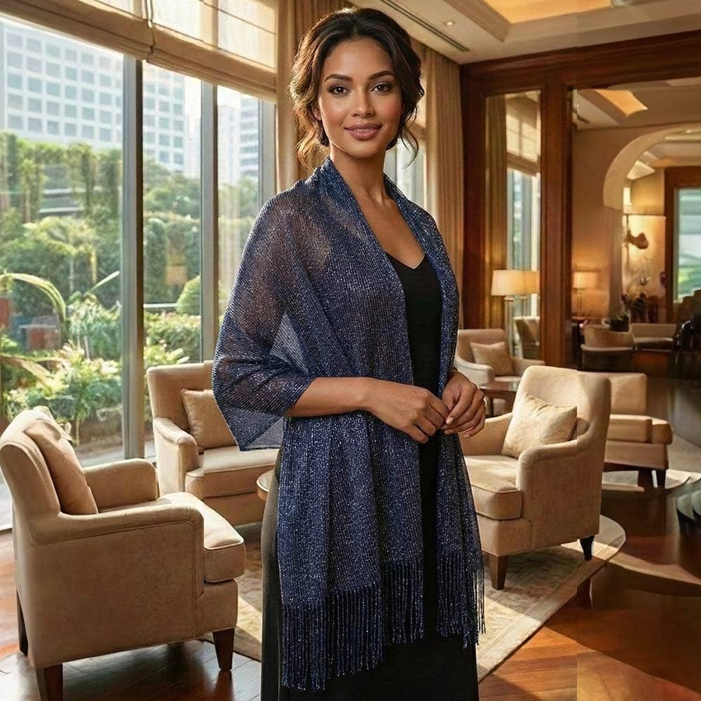 Shimmering Fringe Evening Shawl Scarf: Black,Silver