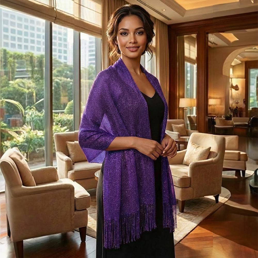 Shimmering Fringe Evening Shawl Scarf: Black,Silver