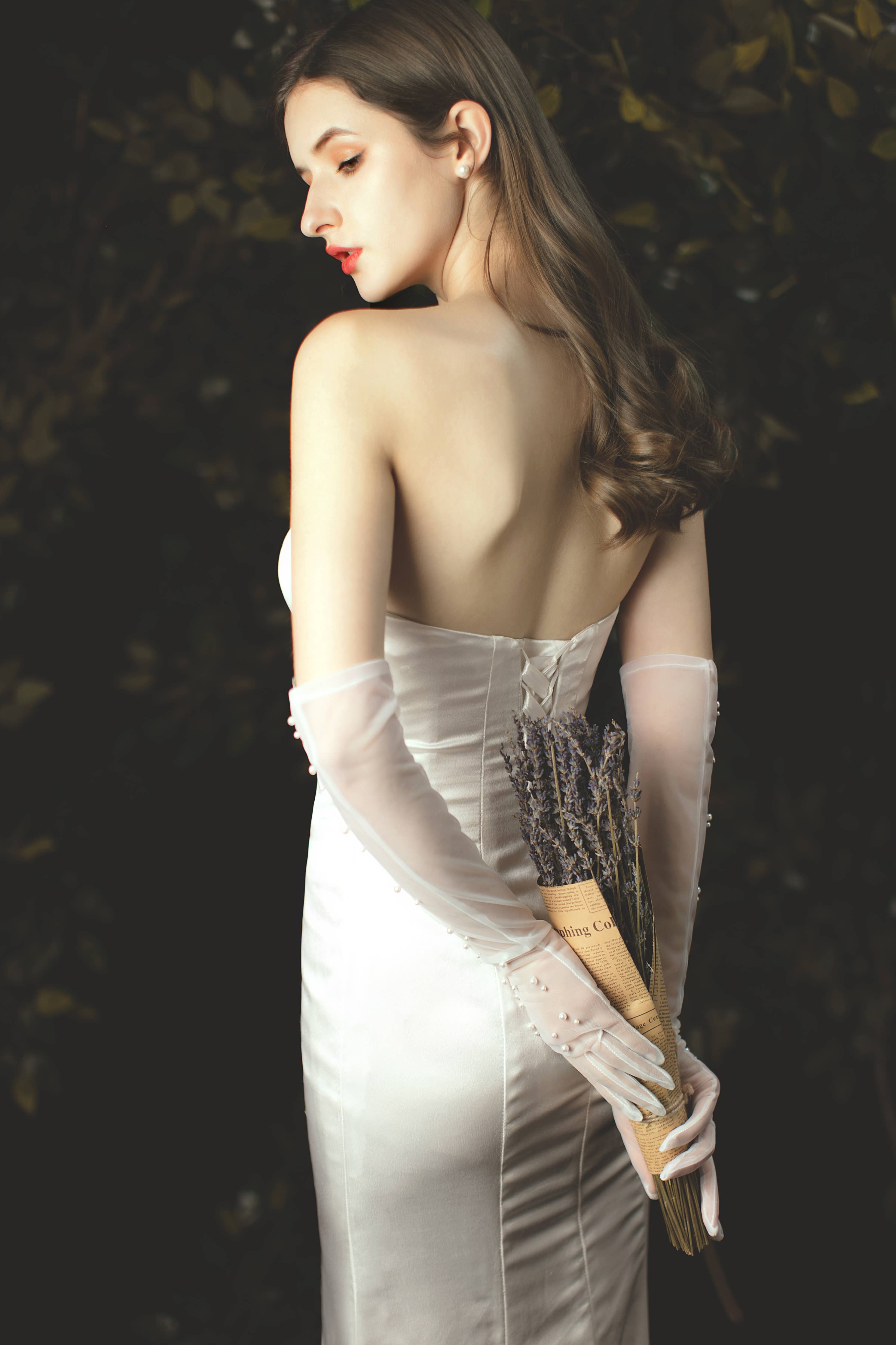 Long Tulle Nylon Wedding Gloves with High Quality Pearls