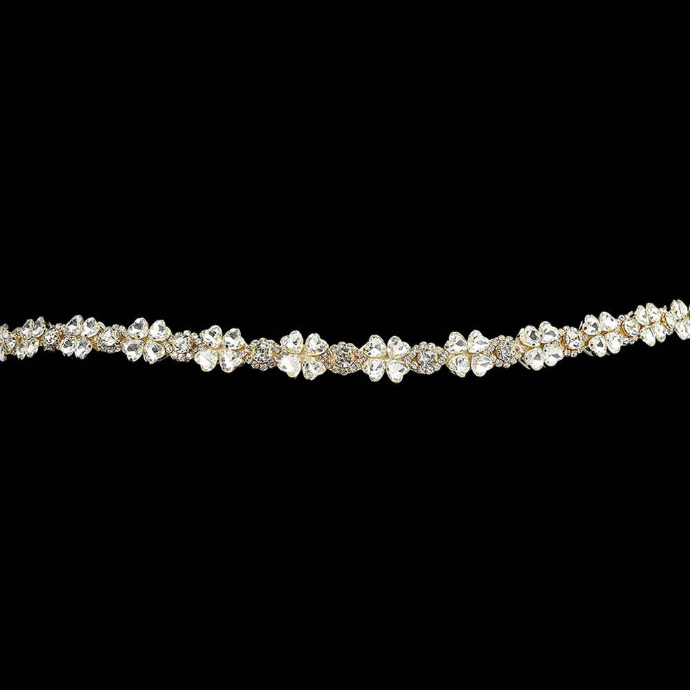 Heart Stone Cluster Clover Sash Ribbon Bridal Wedding Belt Headband: Clear,Silver
