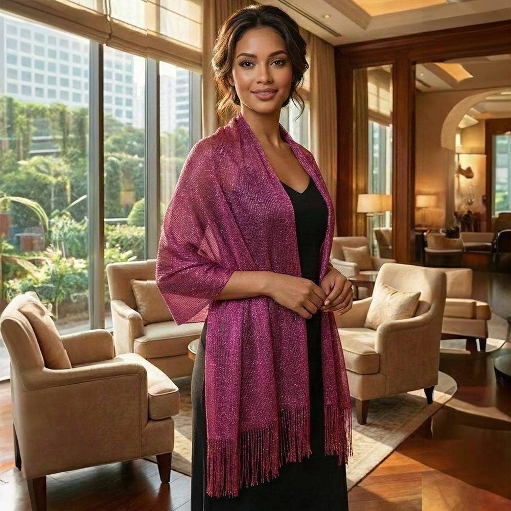 Shimmering Fringe Evening Shawl Scarf: Black,Silver