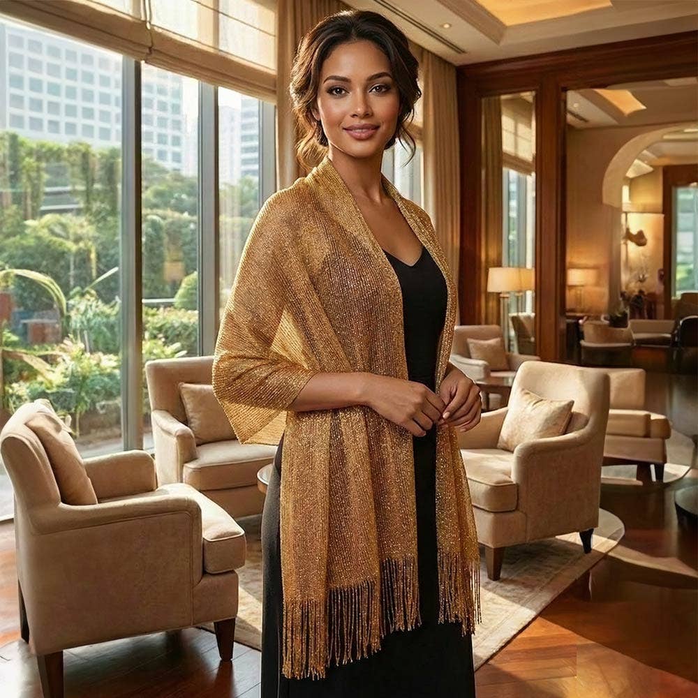 Shimmering Fringe Evening Shawl Scarf: Black,Silver