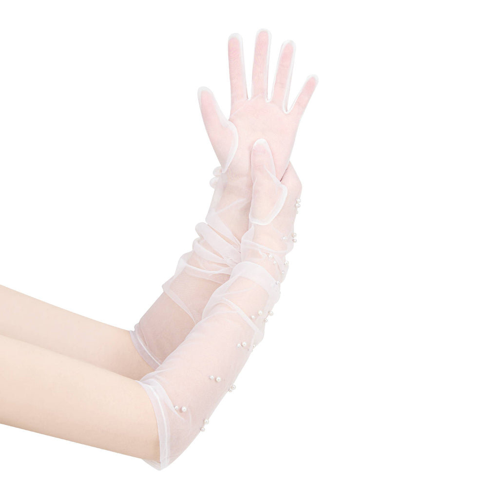 Long Tulle Nylon Wedding Gloves with High Quality Pearls