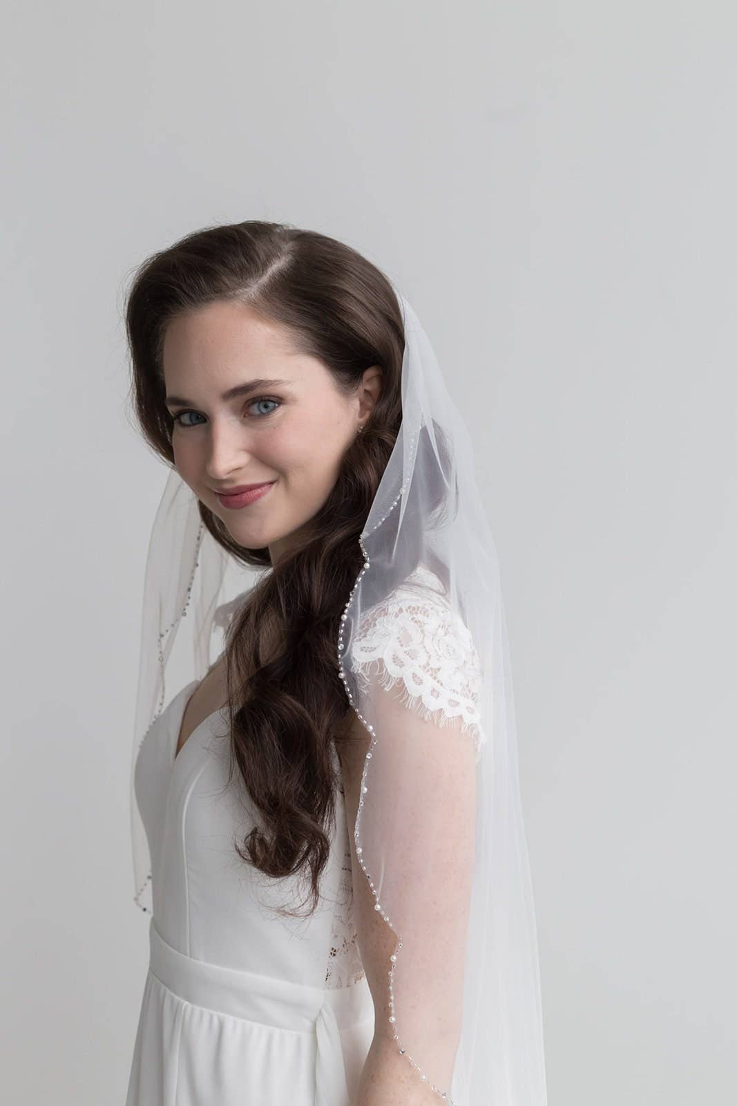 Scalloped Beaded Wedding Veil: Ivory / Knee 45"