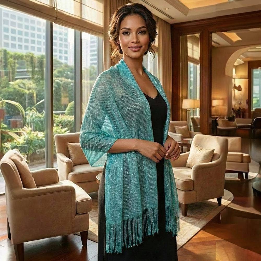 Shimmering Fringe Evening Shawl Scarf: Black,Silver