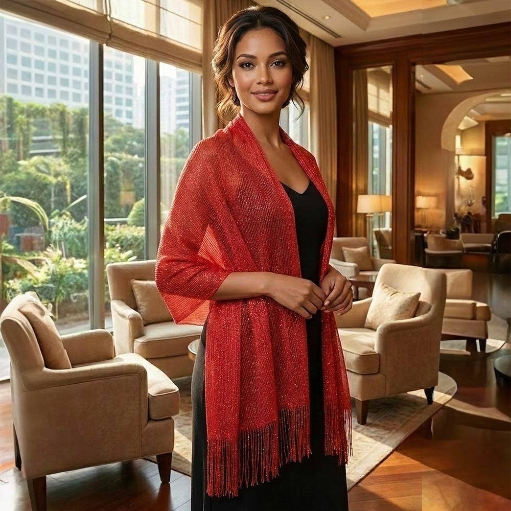 Shimmering Fringe Evening Shawl Scarf: Black,Gold